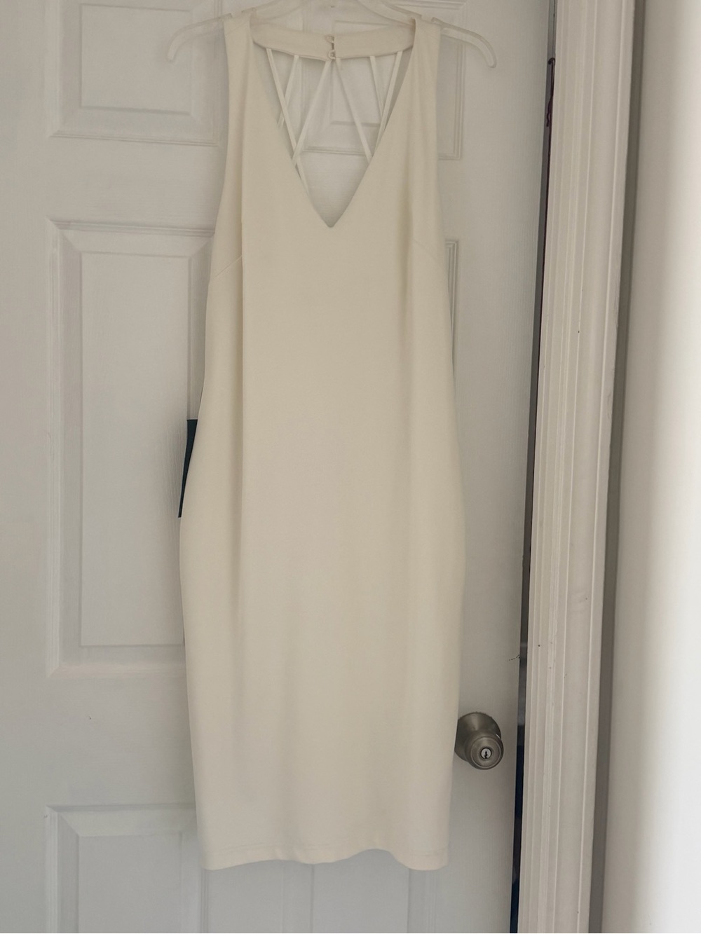 bebe Cream V-Neck Midi Dress with Strappy Back